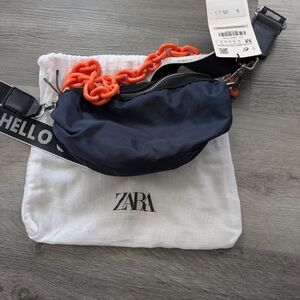 Zara Navy Crossbody Belt Bag with Orange Chain